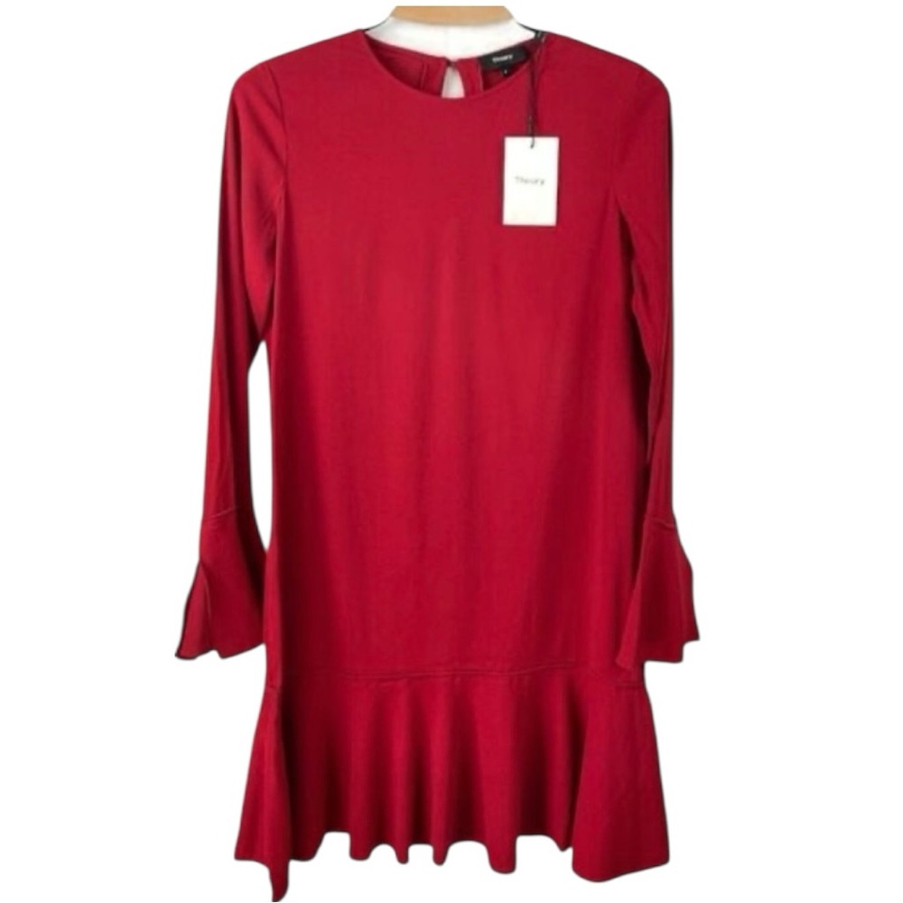 Theory Red Marah Bergen Dress with Flounce Hem & Trumpet Sleeves Size 10
